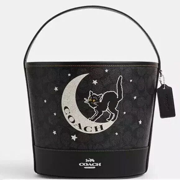 Coach Trick Or Treat Bucket In Signature Canvas Halloween Black Cat Moon & Stars